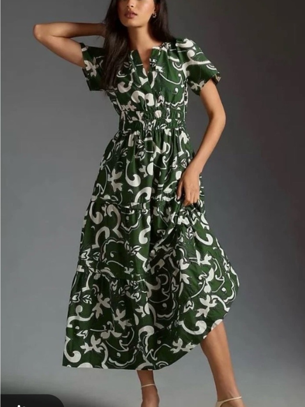 Anthropologie Somerset Green and White Printed Tiered Maxi Dress NWT